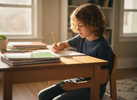 School-aged child sitting at a desk quietly using a small discreet fidget in one hand, calm focused setting with warm natural light