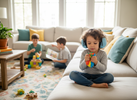 Child wearing noise-reducing earmuffs in a busy family living room while calmly using a soft squeeze fidget