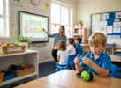 Primary school student using a quiet fidget at their desk while kids earmuffs sit nearby, with a small classroom basket of sensory tools in the background