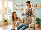 Child sitting calmly in a salon chair wearing kids earmuffs and holding a quiet fidget while a hairdresser trims their hair and a parent supports nearby