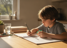 School-aged child doing homework at a kitchen table while quietly using a small fidget in one hand, calm focused home setting with warm natural light