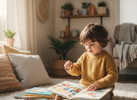 Preschool-aged child (around 4 years old) calmly using a small quiet fidget during a story time moment in a cosy home setting with warm natural light