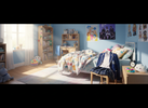 Bright, playful teenager’s bedroom in the morning with sunlight, unmade bed, school uniform, and a small colourful sensory fidget on the bedside table.