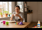 “Bright, playful scene of a parent sitting at a kitchen table with a cup of tea, a phone, and a small colourful sensory fidget nearby.”