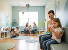“Bright, playful medical waiting room scene with a parent and child sitting calmly, the child holding a small colourful sensory fidget.”