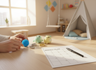 “Bright, playful OT therapy room scene with hands laying out sensory fidgets beside a simple weekly plan.”