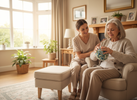 “Bright, warm aged care setting with an older adult seated comfortably holding a soft tactile sensory fidget in their hands.”