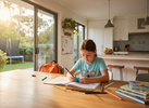“Bright, playful family home scene with a primary school child at a kitchen table doing homework while holding a small quiet sensory fidget.”