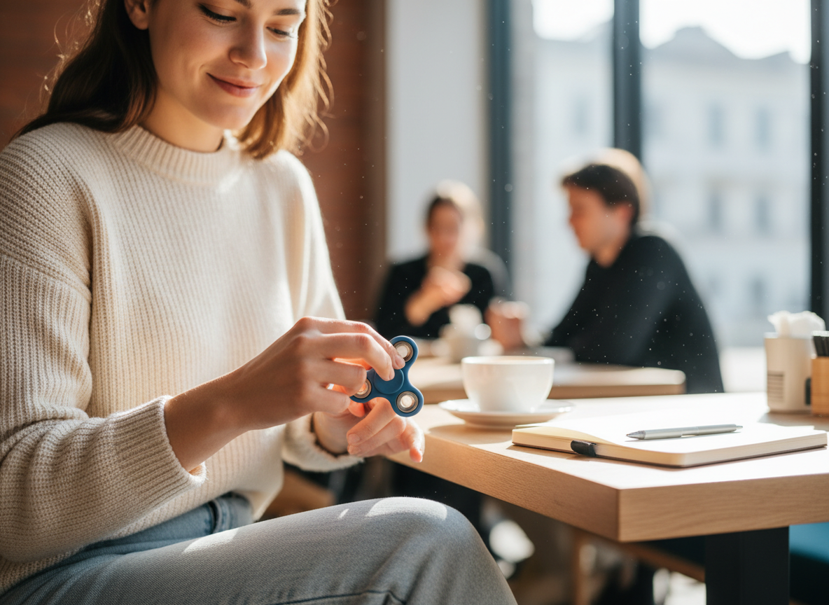 Adult calmly using a small discreet fidget in a public setting like a waiting room or cafe