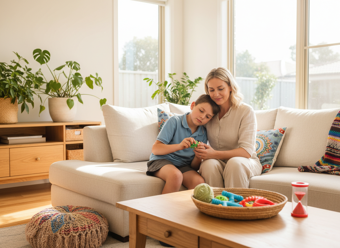 Parent helping a school-aged child settle after school on a couch with a small basket of quiet sensory tools in warm natural light