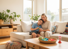 Parent helping a school-aged child settle after school on a couch with a small basket of quiet sensory tools in warm natural light