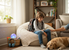 School-aged child settling into a calm home space after school with sensory tools nearby
