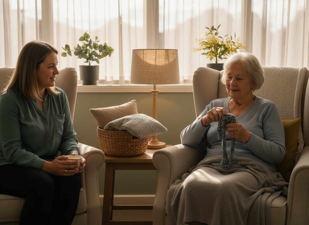 Older adult in a calm aged care lounge holding a soft tactile fidget, with a warm lamp and a small basket of comfort sensory items nearby while a carer sits close