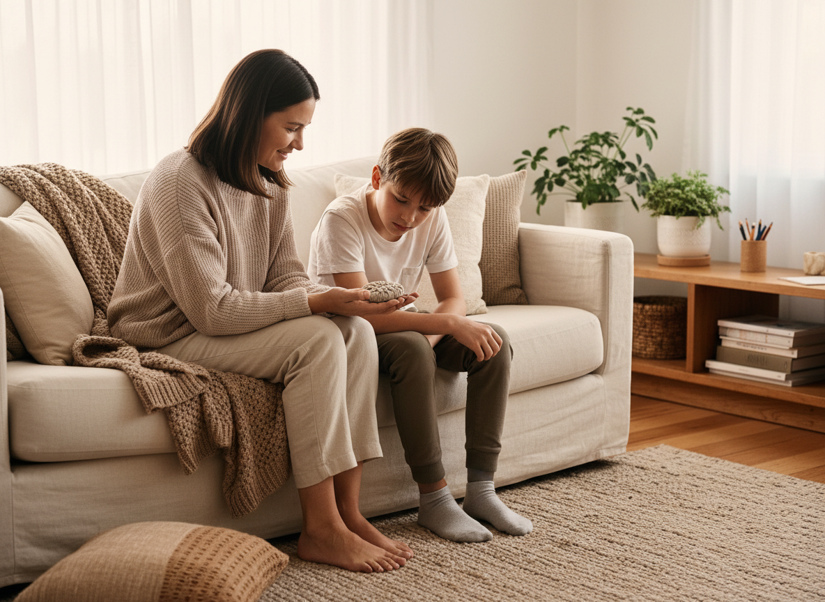 Parent sitting beside a school-aged child on a couch, gently offering a small quiet fidget in a calm home setting
