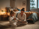 Child in pyjamas using a soft quiet fidget during a calm bedtime routine in a cosy bedroom