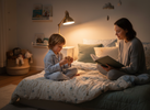Child in pyjamas in a cosy bedroom using a small quiet fidget under warm lamplight while a parent sits nearby reading
