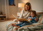 Parent reading on the edge of the bed while a child in pyjamas calmly uses a soft, quiet fidget in a cosy bedroom