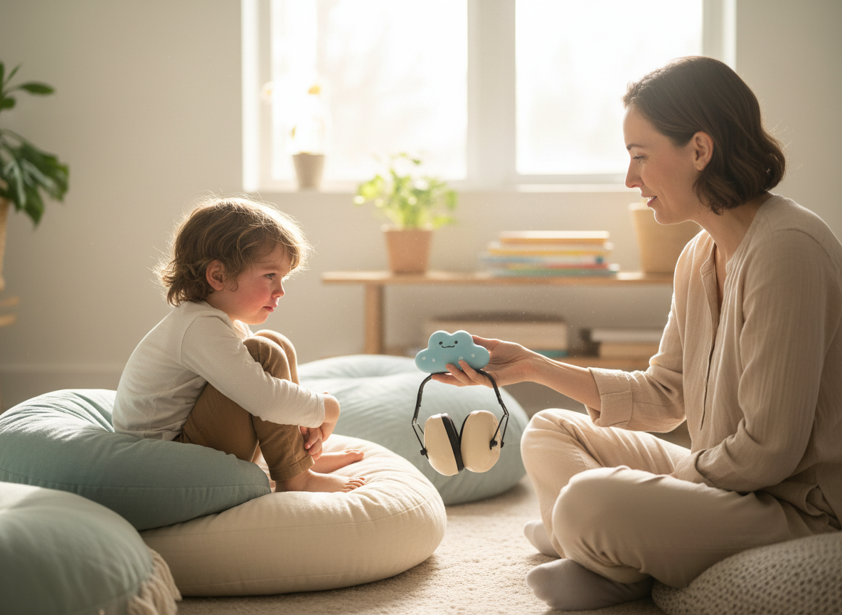 Parent sitting on the floor beside a child in a calm corner, offering a soft squeeze fidget and noise-reducing earmuffs in gentle natural light
