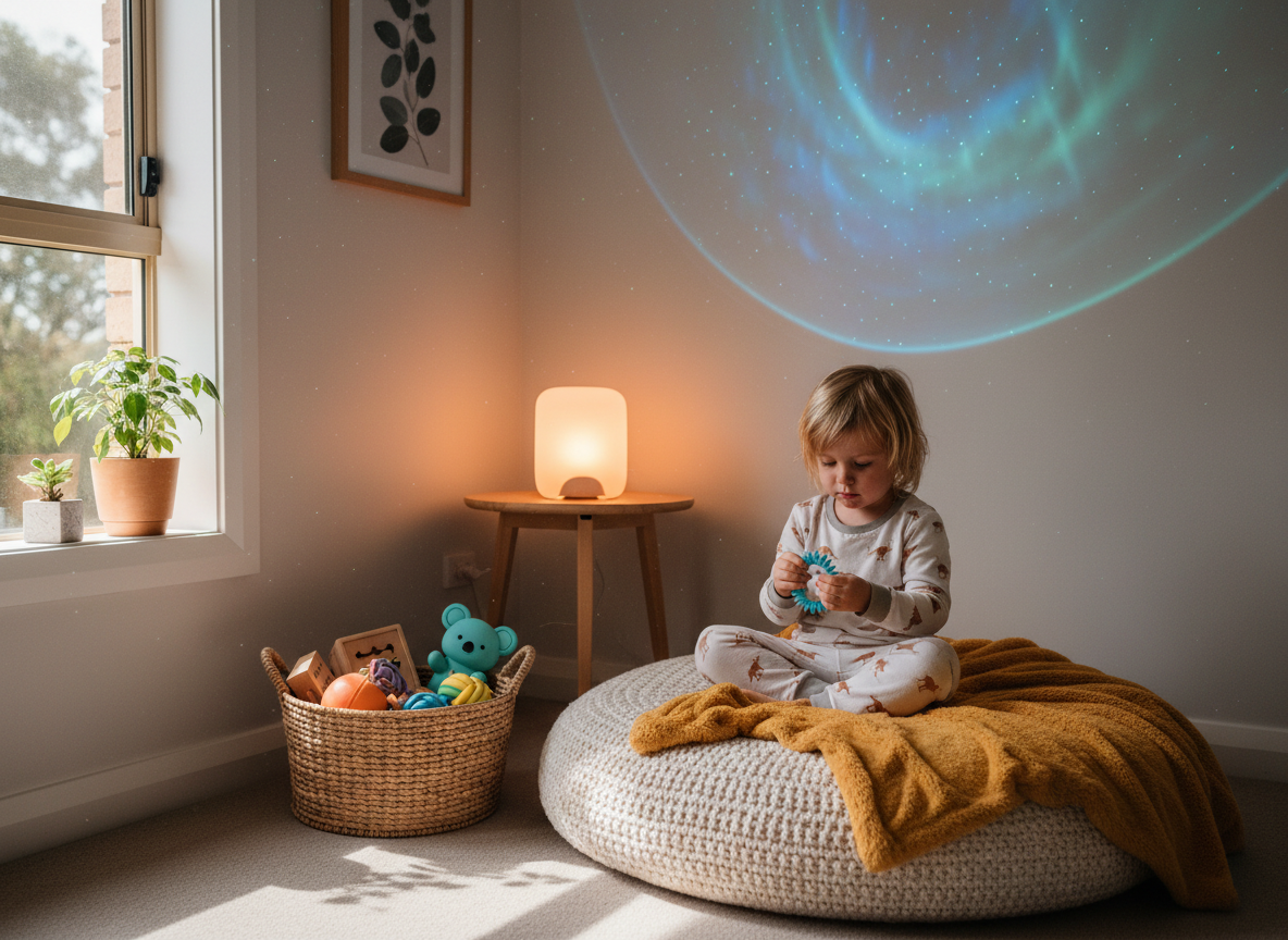 Cozy calm-down corner in a family living room with a soft cushion, a basket of quiet fidgets and a warm lamp while a child sits calmly using a tactile fidget