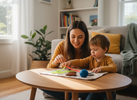Parent and child choosing between different sensory fidgets together at a table in a calm home setting
