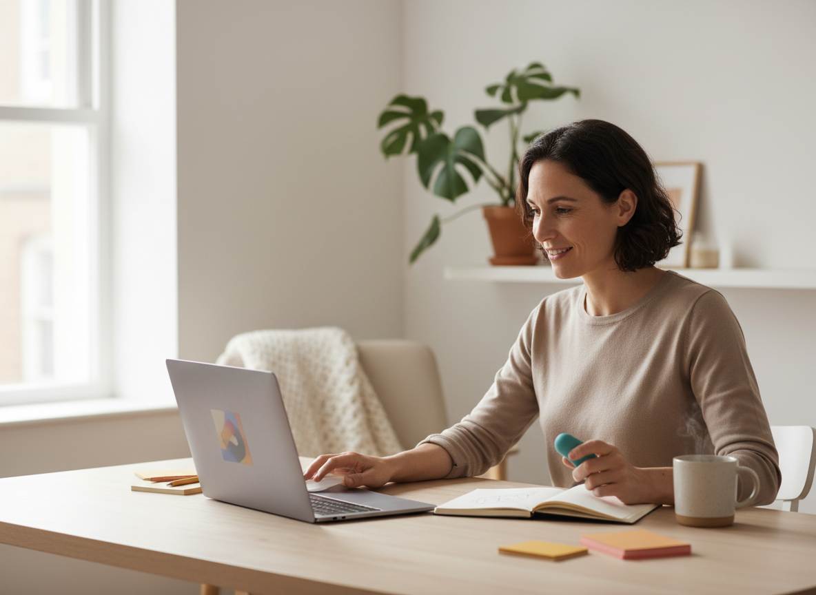Adult sitting at a desk in a calm workspace, discreetly holding a small quiet fidget while working
