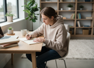 Teen studying at a desk while discreetly using a small tactile fidget ring, bright natural light