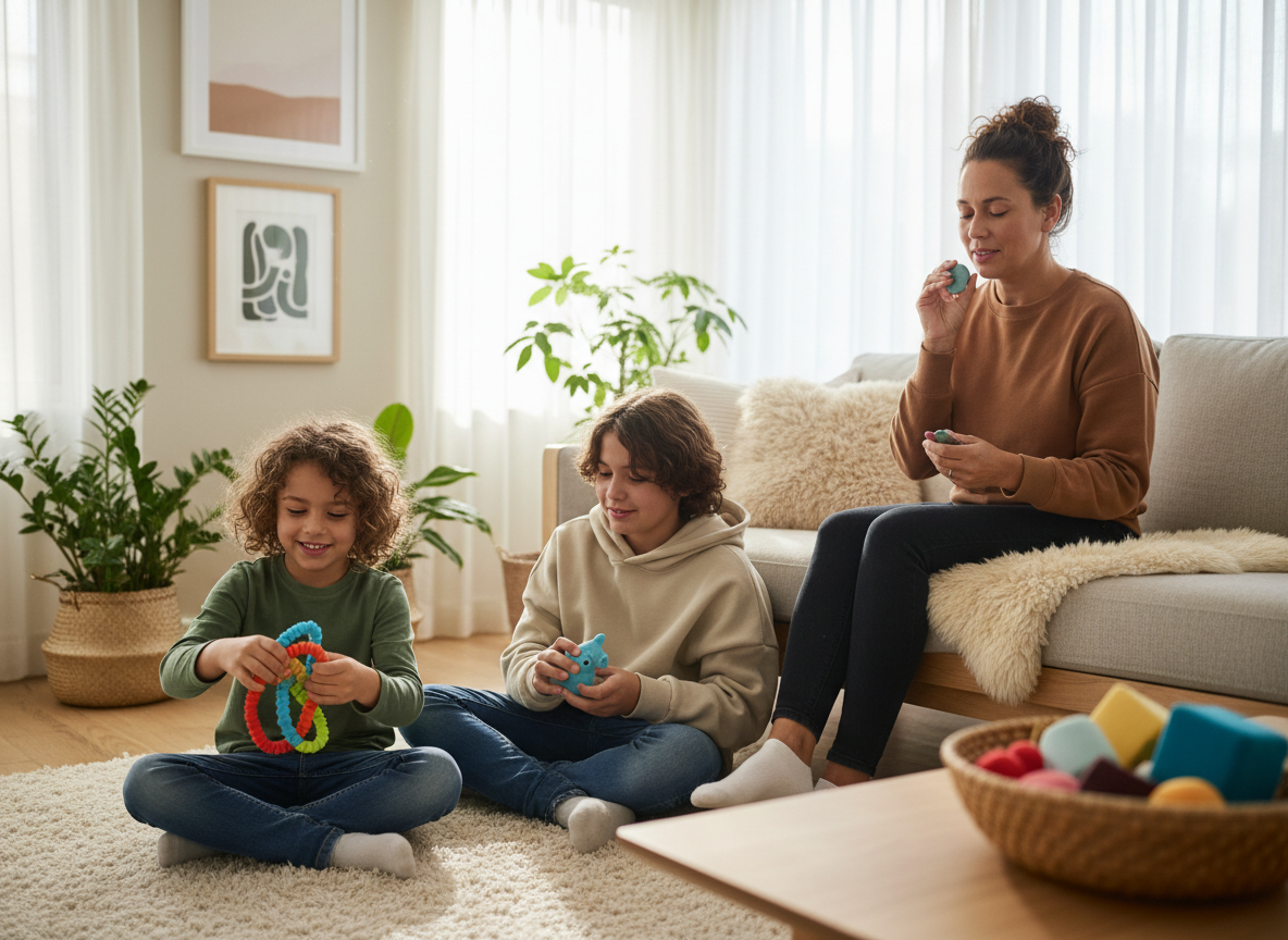 Child, teen and adult using different sensory fidgets together in a calm family home setting