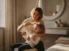 Parent gently brushing a child’s hair in a calm bathroom while the child holds a small quiet fidget, warm natural light and relaxed mood