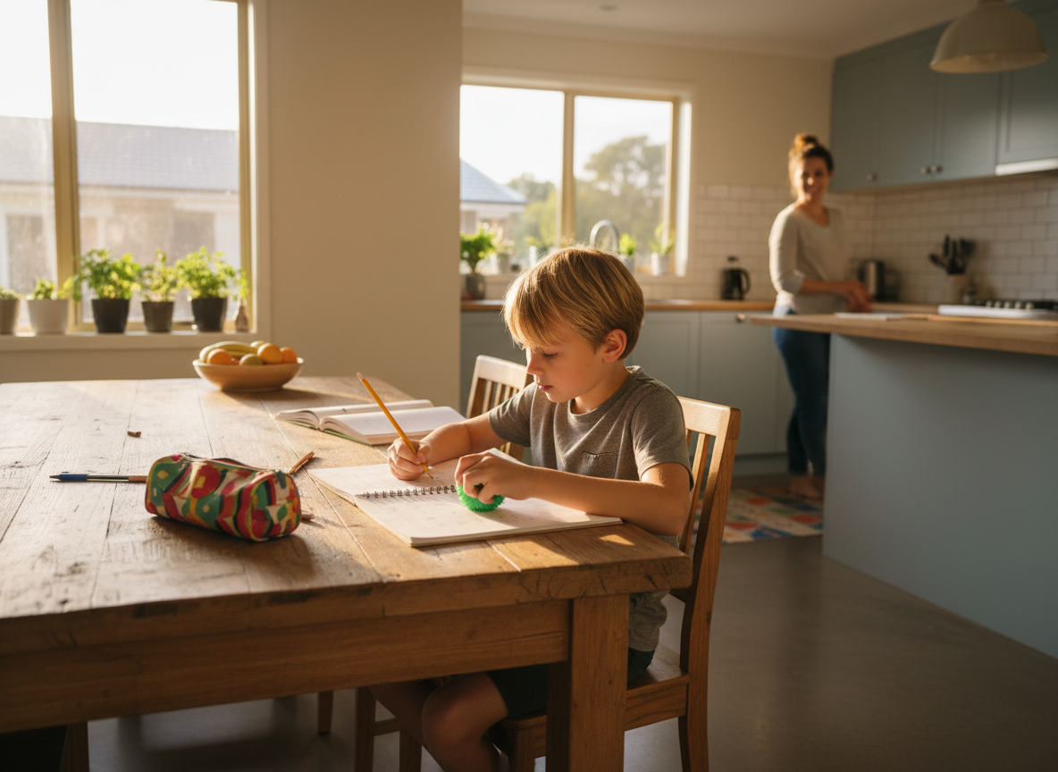 School-aged child doing homework at a kitchen table while discreetly using a small quiet fidget, warm afternoon light