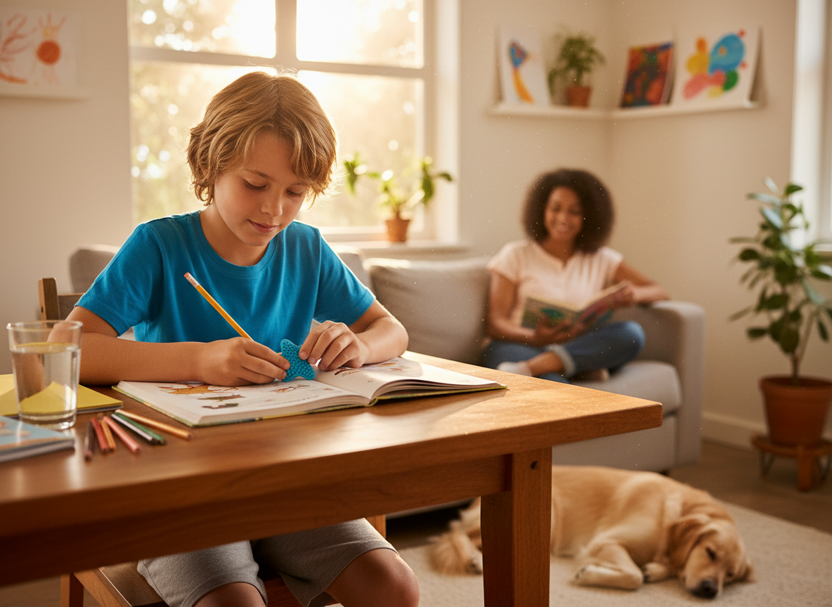 School-aged child using a quiet fidget while doing homework at a table in a calm after-school home setting
