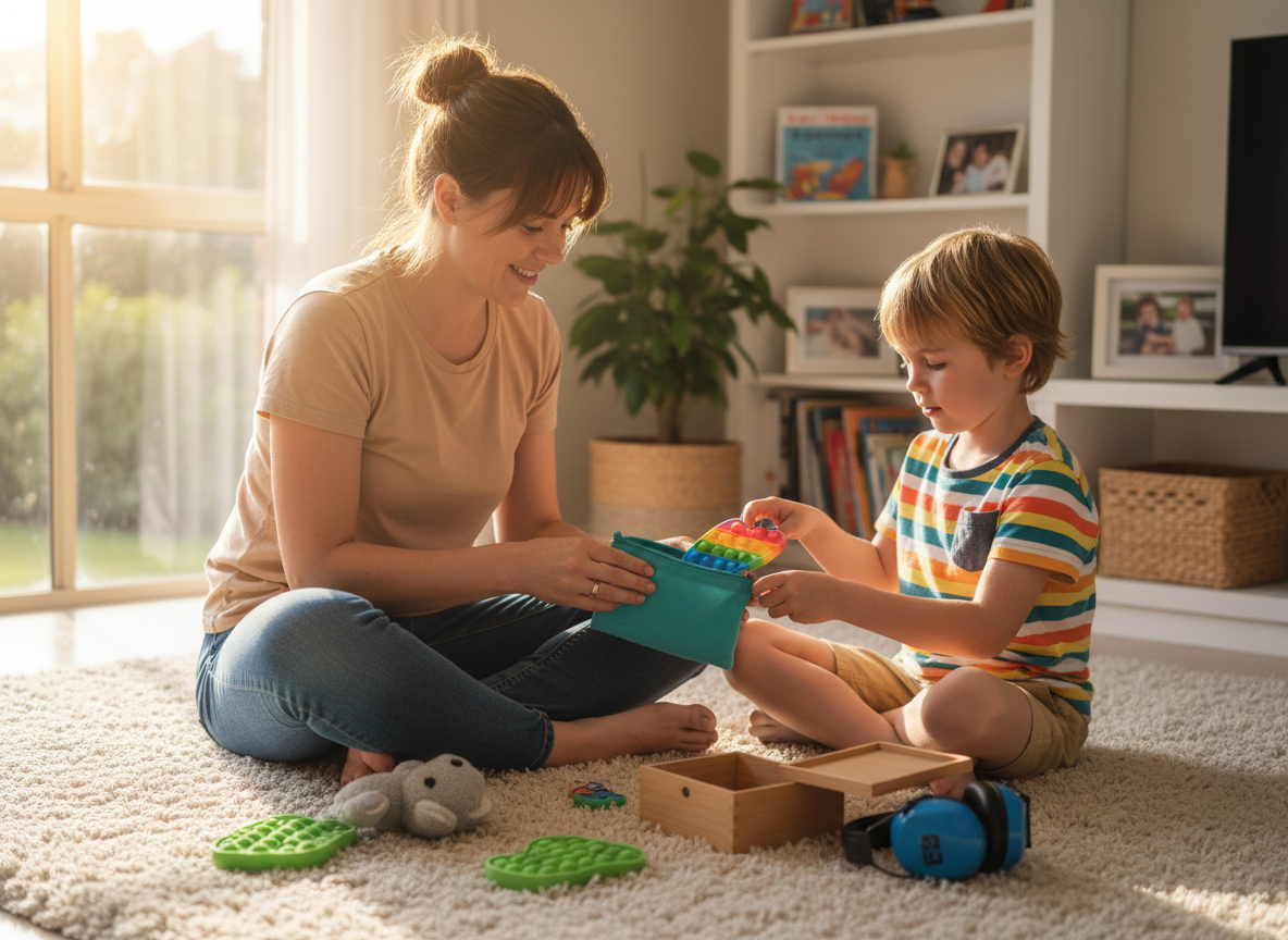 Child and parent building a calm-down kit with fidgets, earmuffs and comfort items in a bright home setting