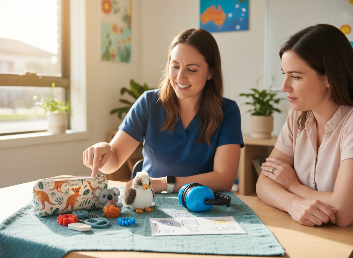 Occupational therapist showing a parent a simple school readiness sensory toolkit on a table with quiet fidgets, kids earmuffs and a visual routine card