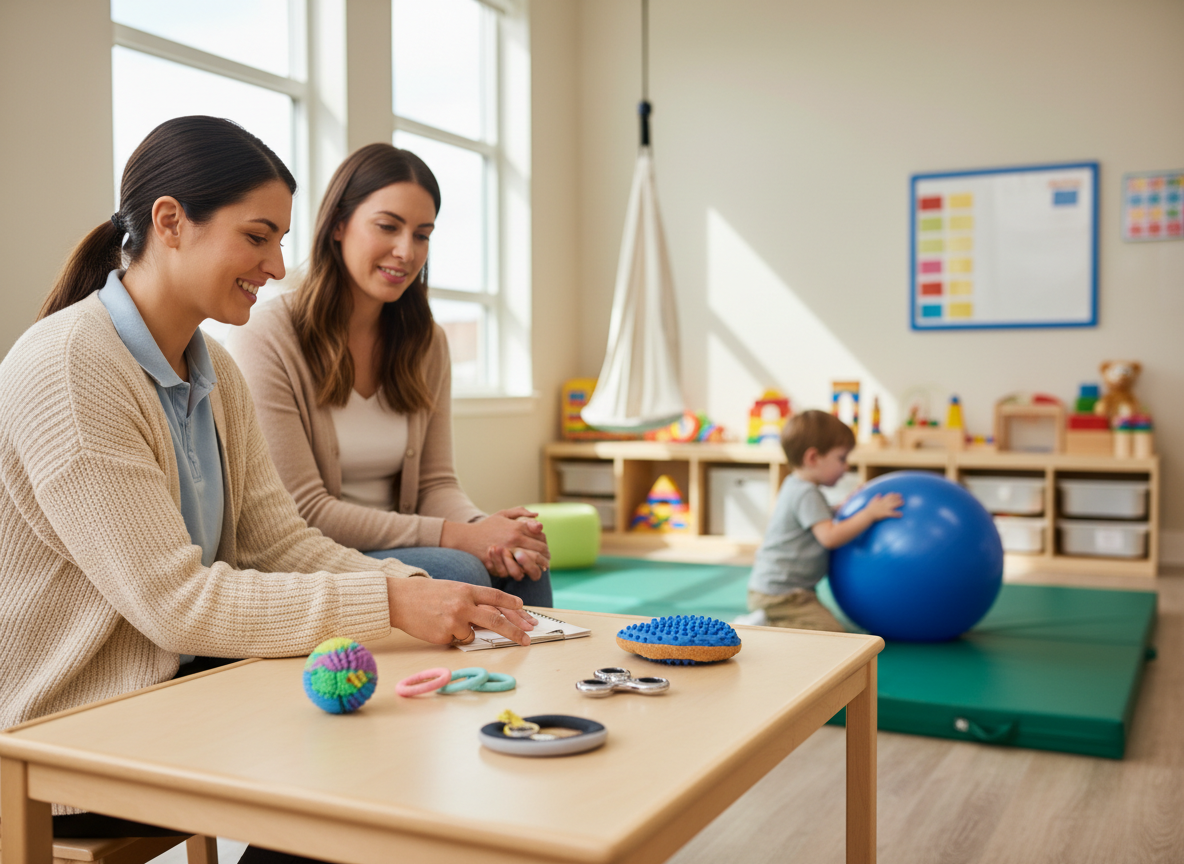 Occupational therapist in a clinic showing a parent a small set of quiet sensory fidgets and tactile tools on a table, warm professional setting