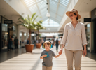 Parent and child in a shopping centre with the child wearing noise-reducing earmuffs and holding a small quiet fidget, bright natural light
