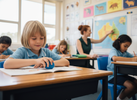 School-aged child calmly using a quiet, discreet fidget at a desk in a primary school classroom while the teacher supports the class