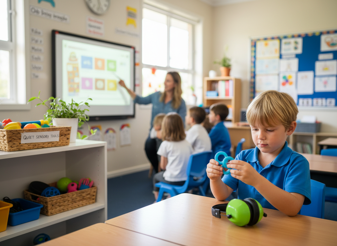 Primary school student using a quiet fidget at their desk while kids earmuffs sit nearby, with a small classroom basket of sensory tools in the background