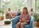 Child quietly using a discreet fidget in a shared waiting room or classroom environment without disturbing others