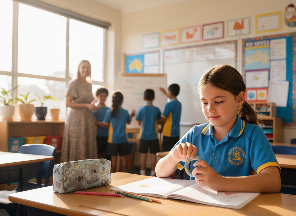 Primary school classroom scene with a child using a small quiet fidget at their desk while the teacher helps nearby, bright natural light