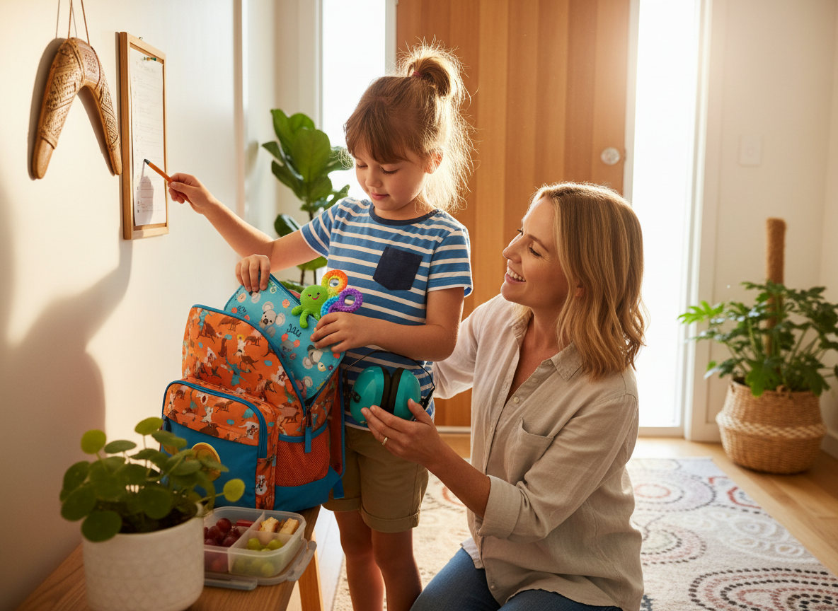 School-aged child packing a school bag with small fidgets, headphones and school essentials during a busy morning routine