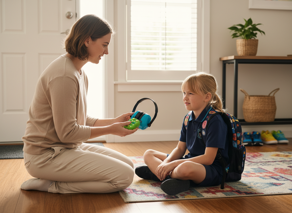 Parent calmly supporting an upset school-aged child near the front door, offering kids earmuffs and a small quiet fidget beside a school bag