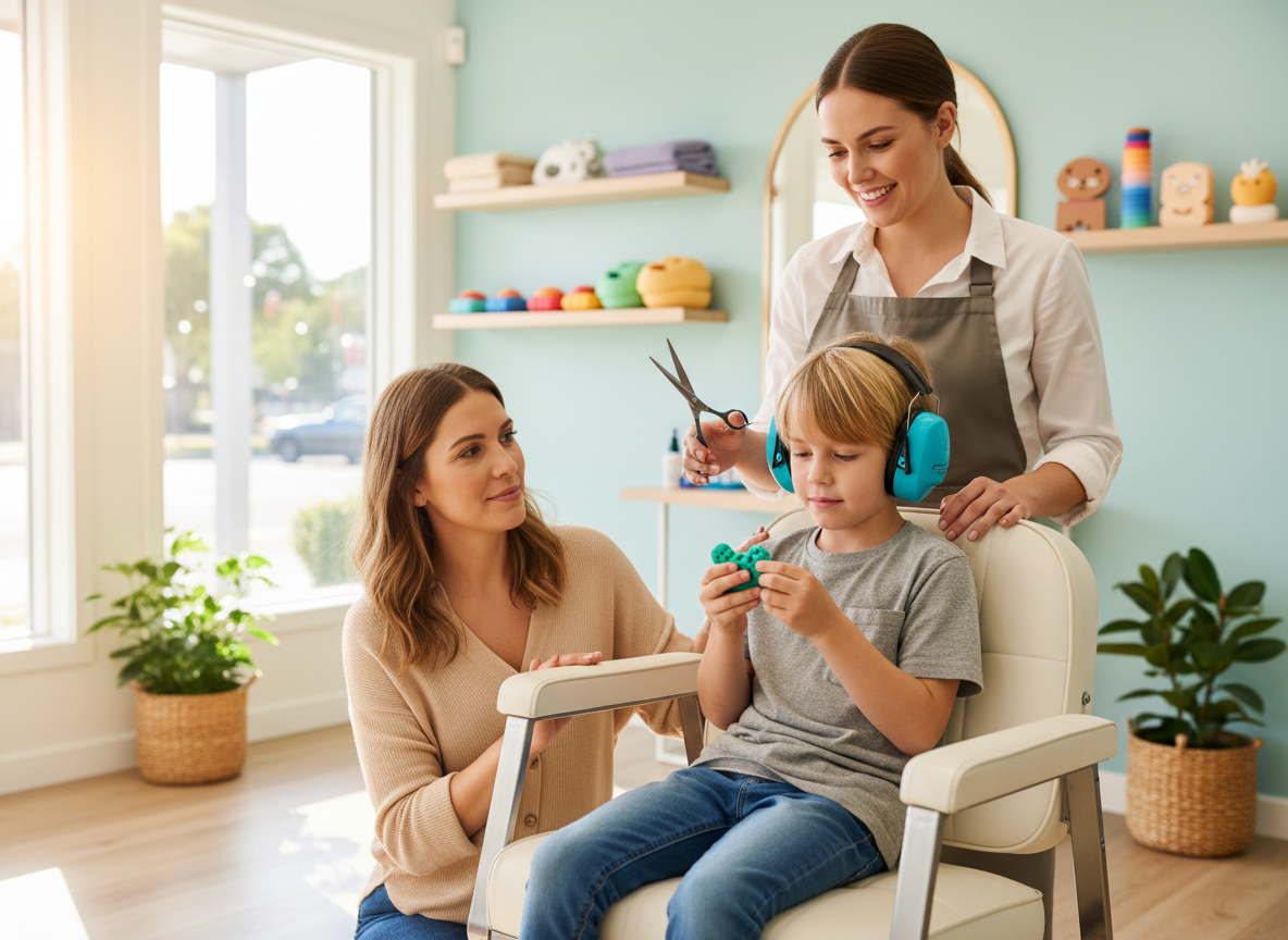Child sitting calmly in a salon chair wearing kids earmuffs and holding a quiet fidget while a hairdresser trims their hair and a parent supports nearby