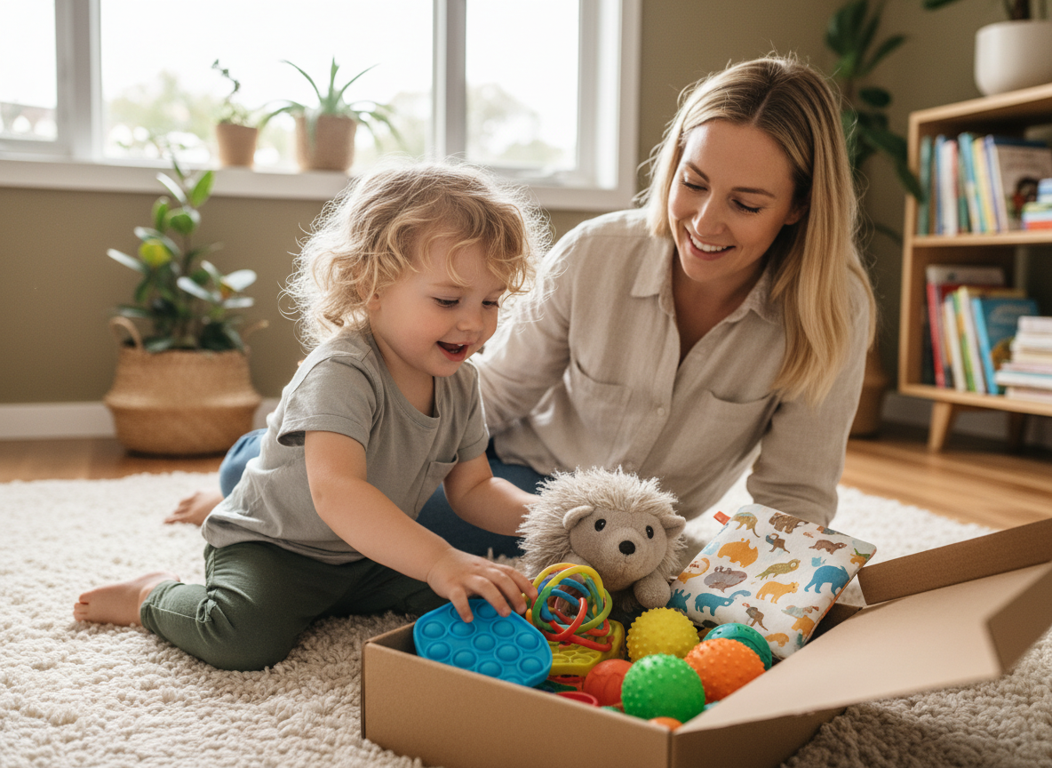 Child opening a sensory-friendly gift set with colourful fidgets and tactile tools in a warm home setting
