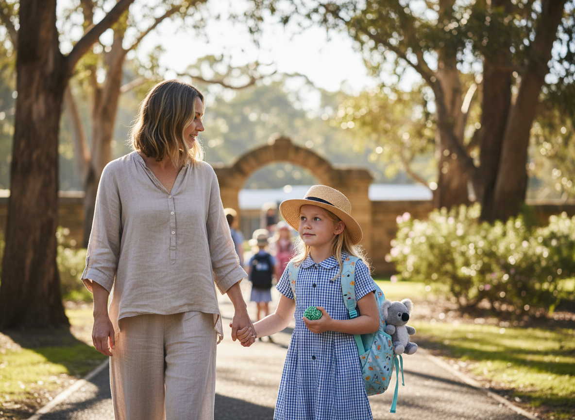 Parent and school-aged child walking toward a school gate in the morning, child holding a small quiet fidget and looking calm in soft natural light