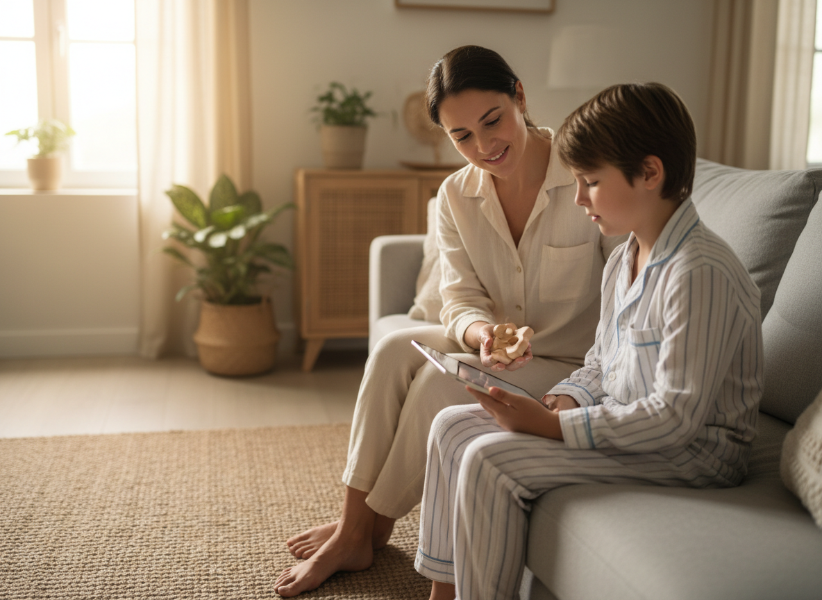 Parent gently guiding a school-aged child away from a tablet while offering a small quiet fidget, calm living room scene with warm natural light