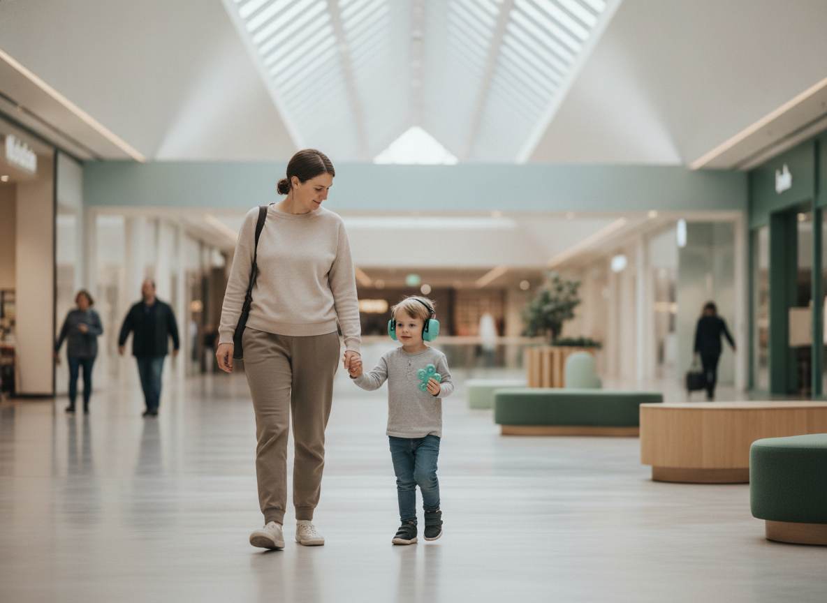 Parent and child in a shopping centre wearing kids noise-reducing earmuffs, child holding a small quiet fidget while walking calmly through a bright indoor mall
