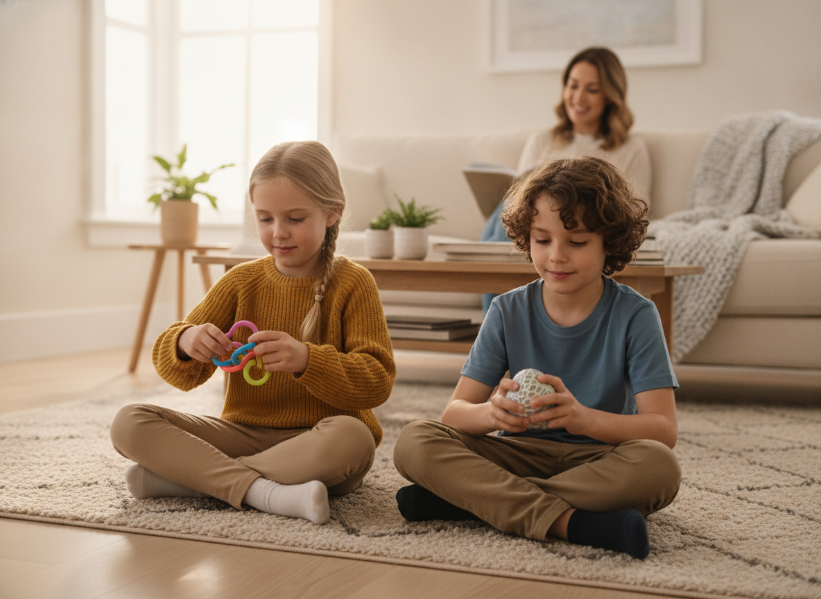 Two siblings sitting on a living room rug calmly using quiet fidgets side by side while a parent nearby supports a calm home environment