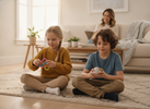 Two siblings sitting on a living room rug calmly using quiet fidgets side by side while a parent nearby supports a calm home environment