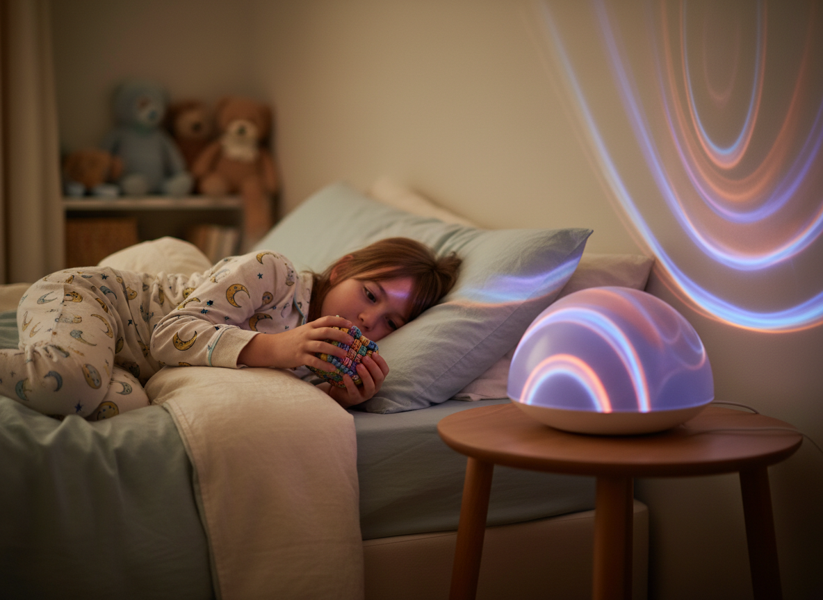 Child in pyjamas relaxing in a dim cosy bedroom with a gentle visual sensory lamp glowing on a bedside table and a small quiet fidget in hand