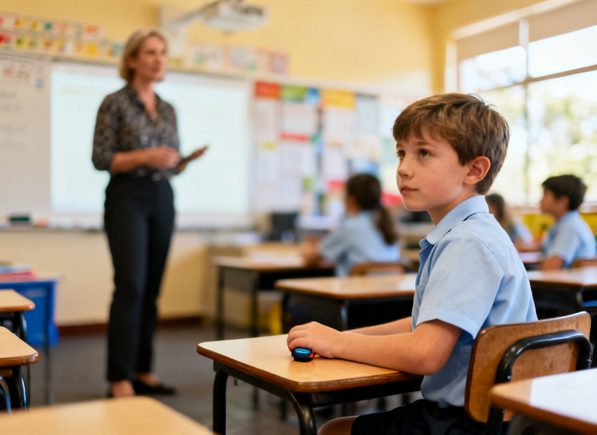Primary school classroom scene with a teacher at the front while a student quietly uses a small discreet fidget at their desk, calm and focused