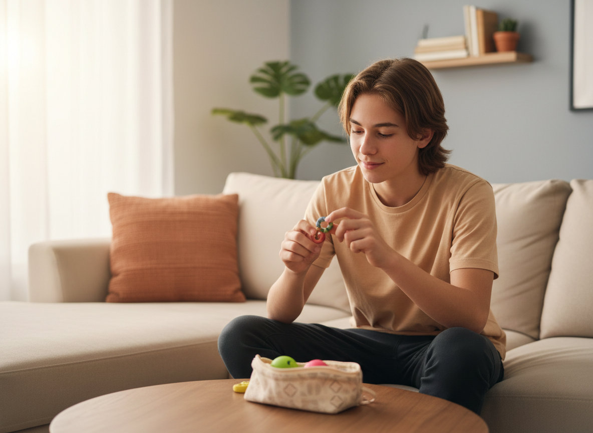 Teen sitting on a couch using a small tactile fidget ring in warm natural light, with a calm sensory tool pouch nearby